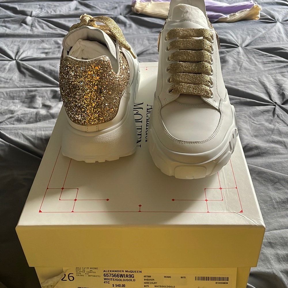 Alexander McQueen gold glitter sneaker. Never worn